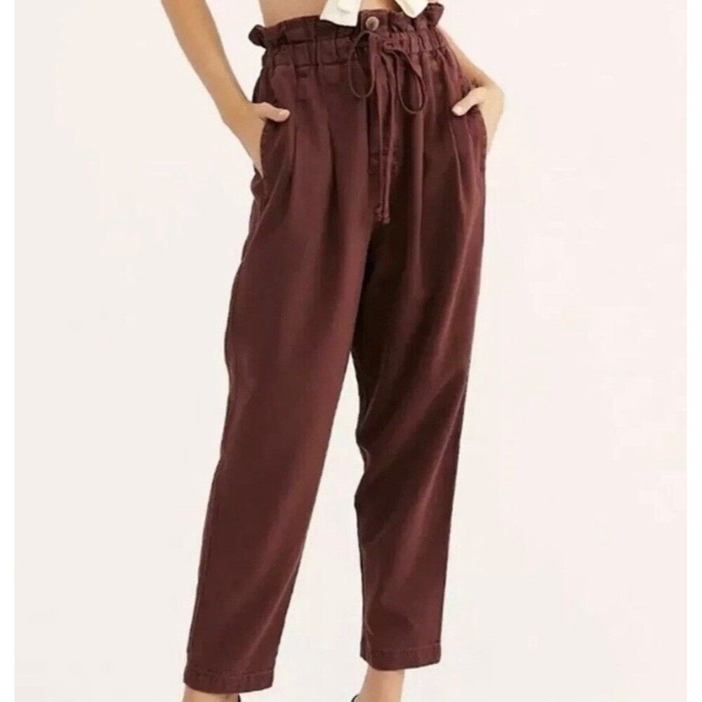 Free People Pants Margate Pleated *Women S* Burgundy Vina Paperbag Lagenlook